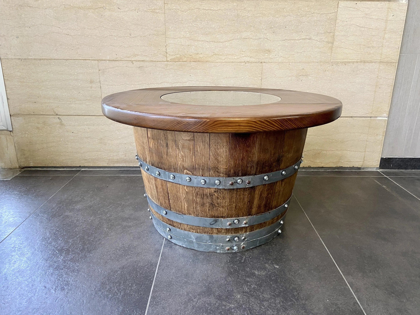 Wine Barrel Full Round Coffee Table Set with 4 Chairs – Rustic Whiskey Barrel Furniture Set – Handmade Solid Oak