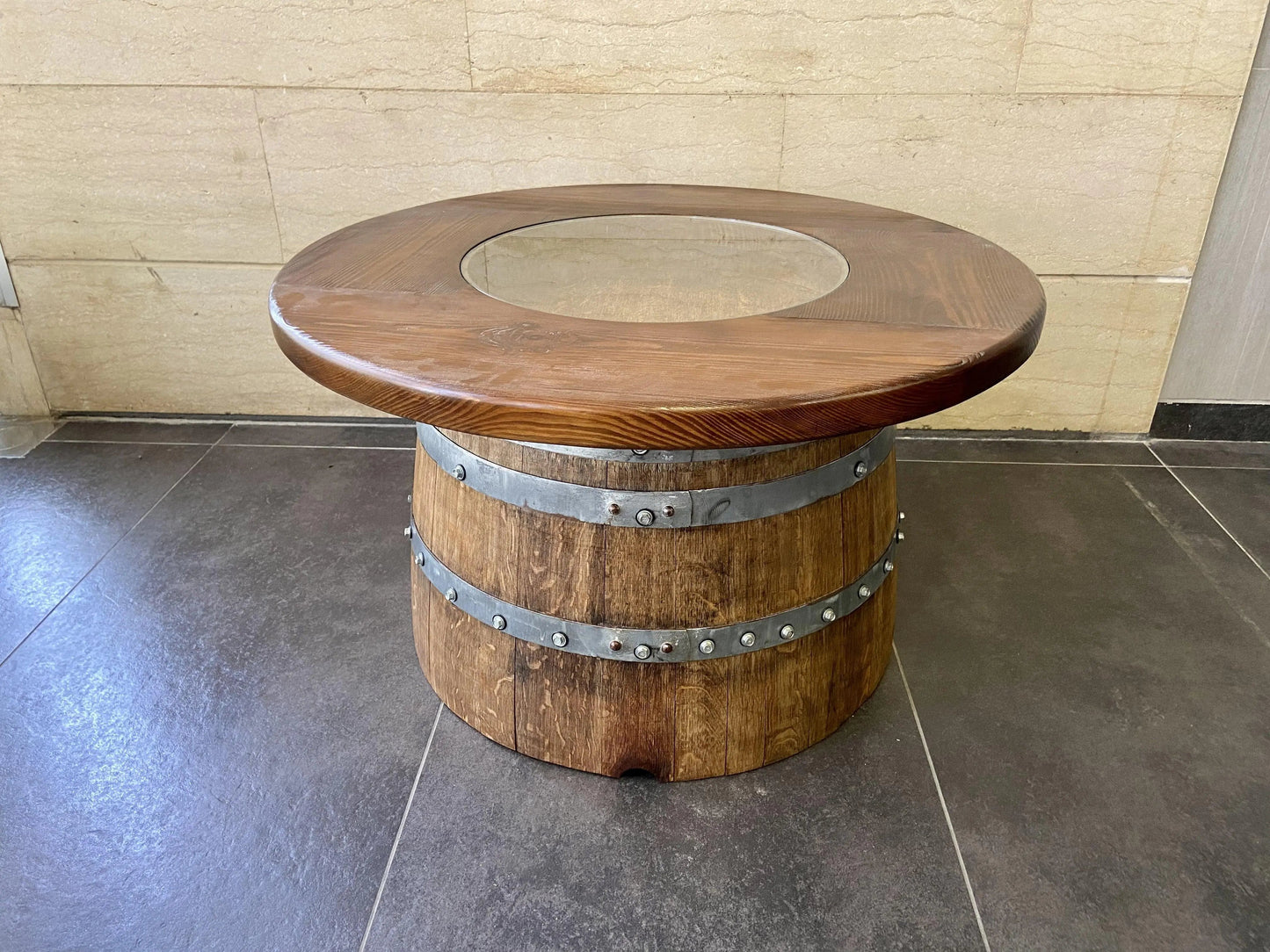 Wine Barrel Full Round Coffee Table Set with 4 Chairs – Rustic Whiskey Barrel Furniture Set – Handmade Solid Oak