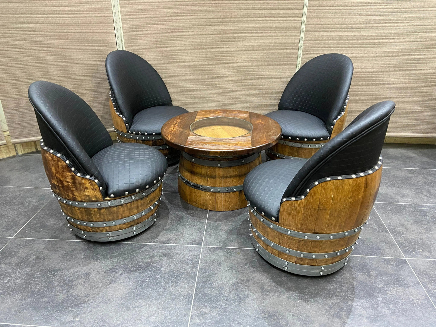 Wine Barrel Full Round Coffee Table Set with 4 Chairs – Rustic Whiskey Barrel Furniture Set – Handmade Solid Oak