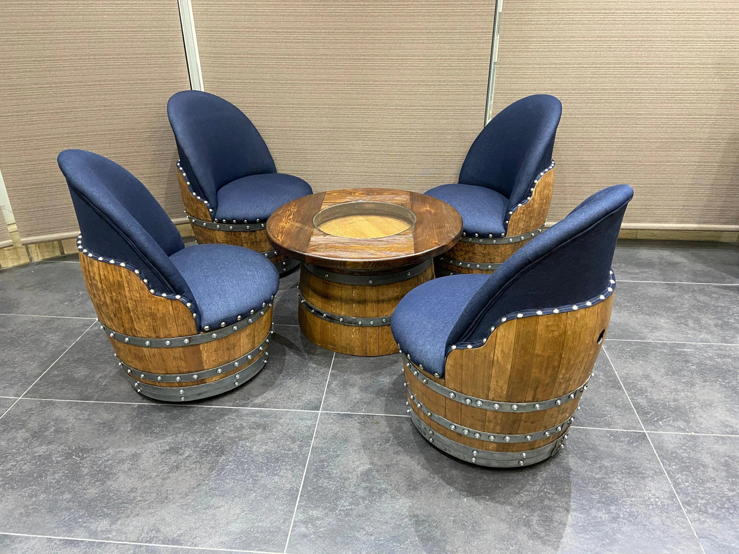 Wine Barrel Full Round Coffee Table Set with 4 Chairs – Rustic Whiskey Barrel Furniture Set – Handmade Solid Oak