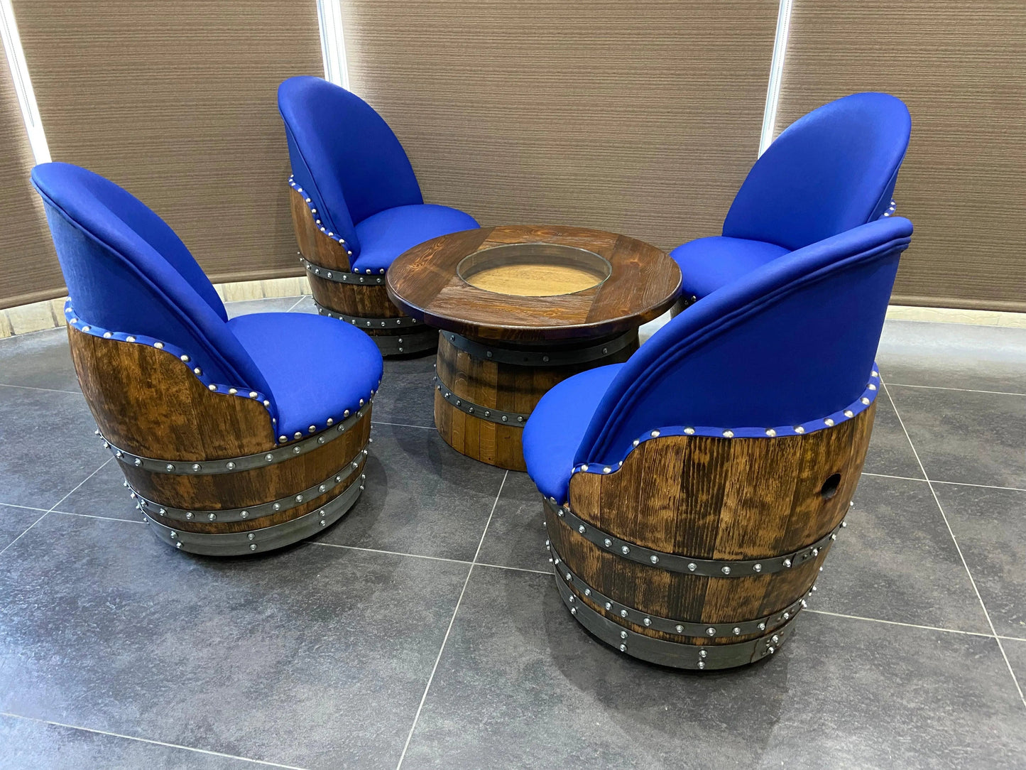 Wine Barrel Full Round Coffee Table Set with 4 Chairs – Rustic Whiskey Barrel Furniture Set – Handmade Solid Oak