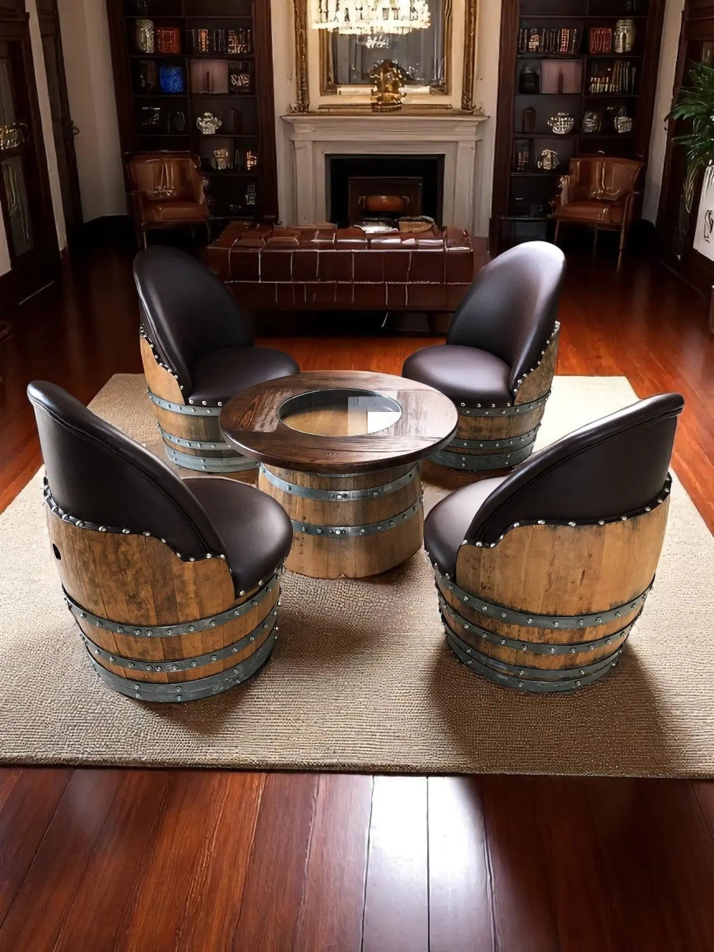 Wine Barrel Full Round Coffee Table Set with 4 Chairs – Rustic Whiskey Barrel Furniture Set – Handmade Solid Oak