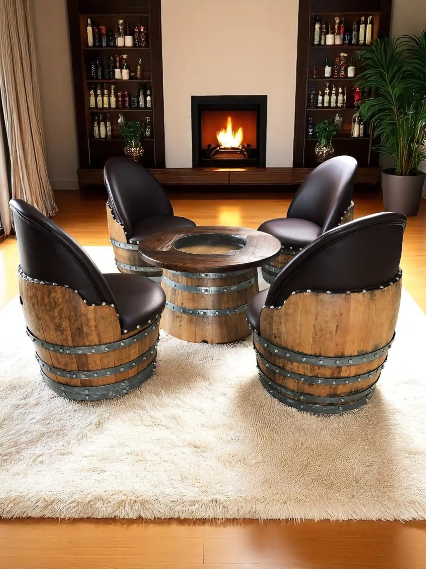 Wine Barrel Full Round Coffee Table Set with 4 Chairs – Rustic Whiskey Barrel Furniture Set – Handmade Solid Oak
