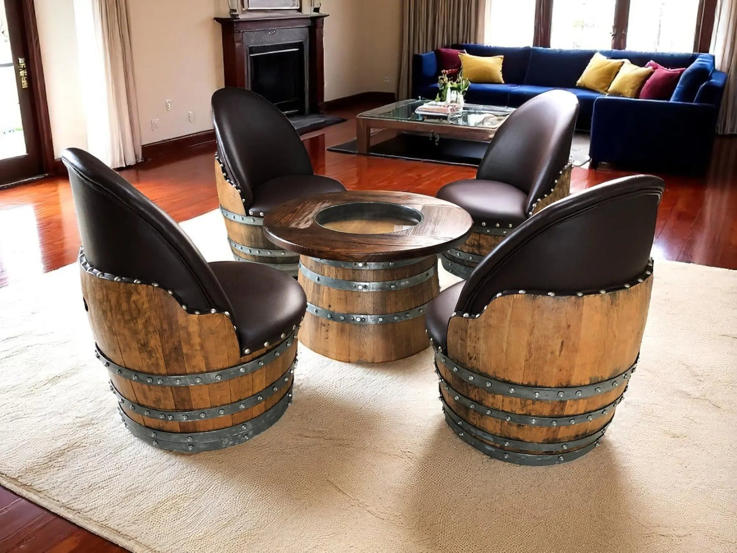 Wine Barrel Full Round Coffee Table Set with 4 Chairs – Rustic Whiskey Barrel Furniture Set – Handmade Solid Oak