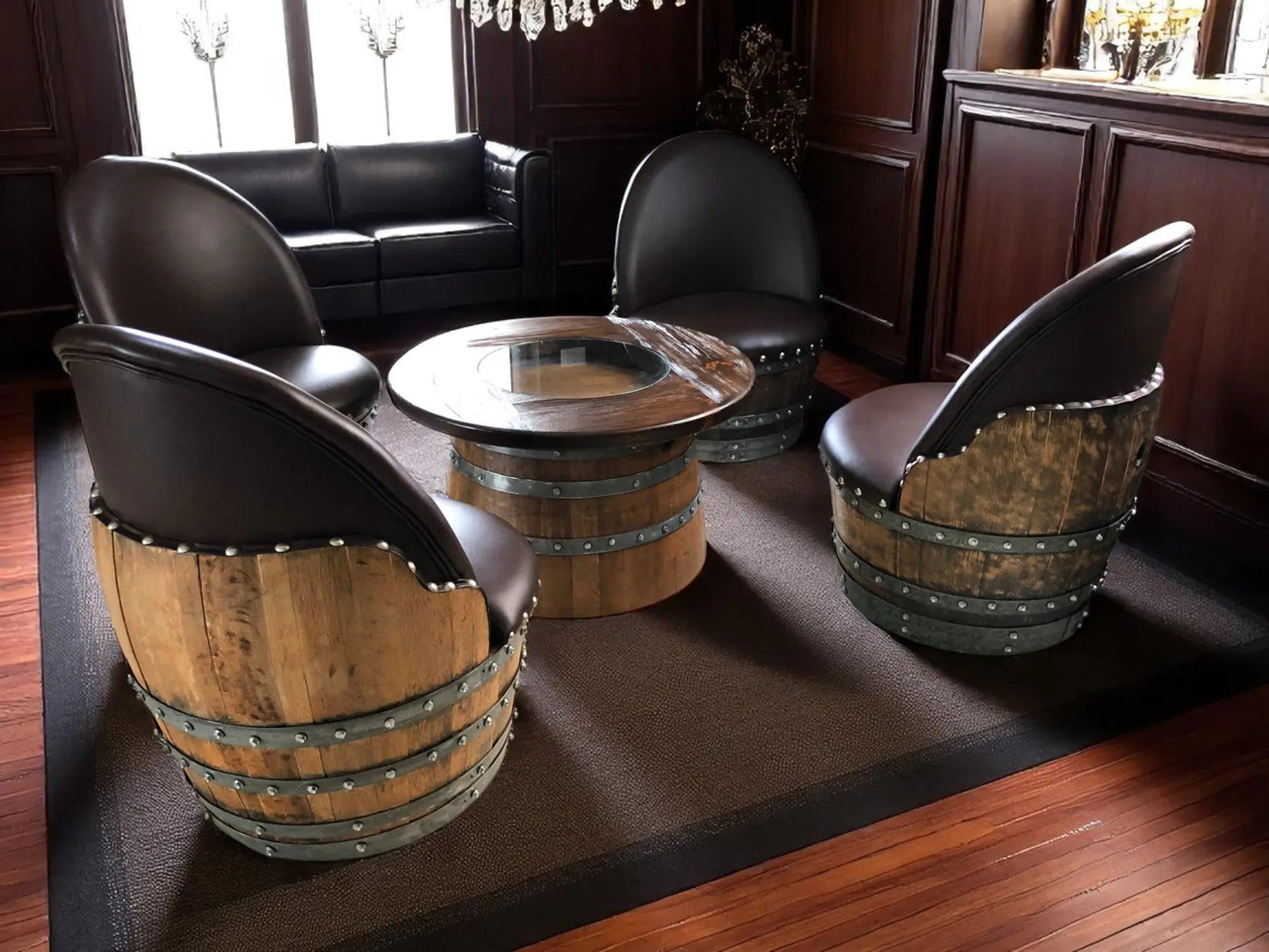 Wine Barrel Full Round Coffee Table Set with 4 Chairs – Rustic Whiskey Barrel Furniture Set – Handmade Solid Oak