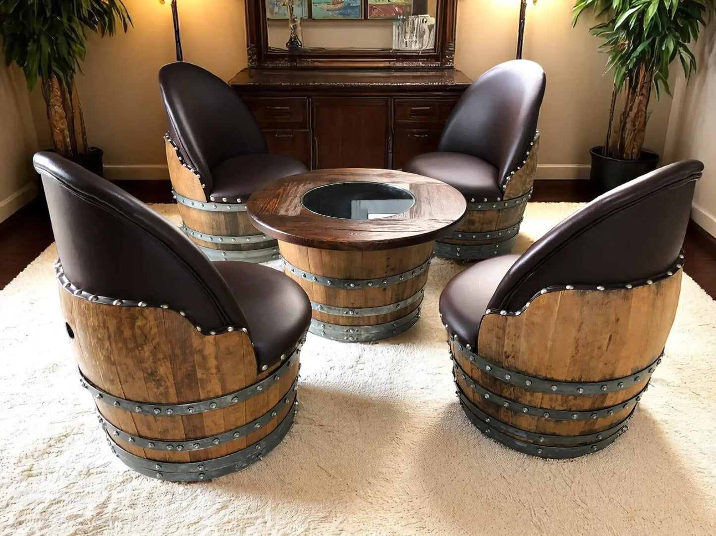 Wine Barrel Full Round Coffee Table Set with 4 Chairs – Rustic Whiskey Barrel Furniture Set – Handmade Solid Oak