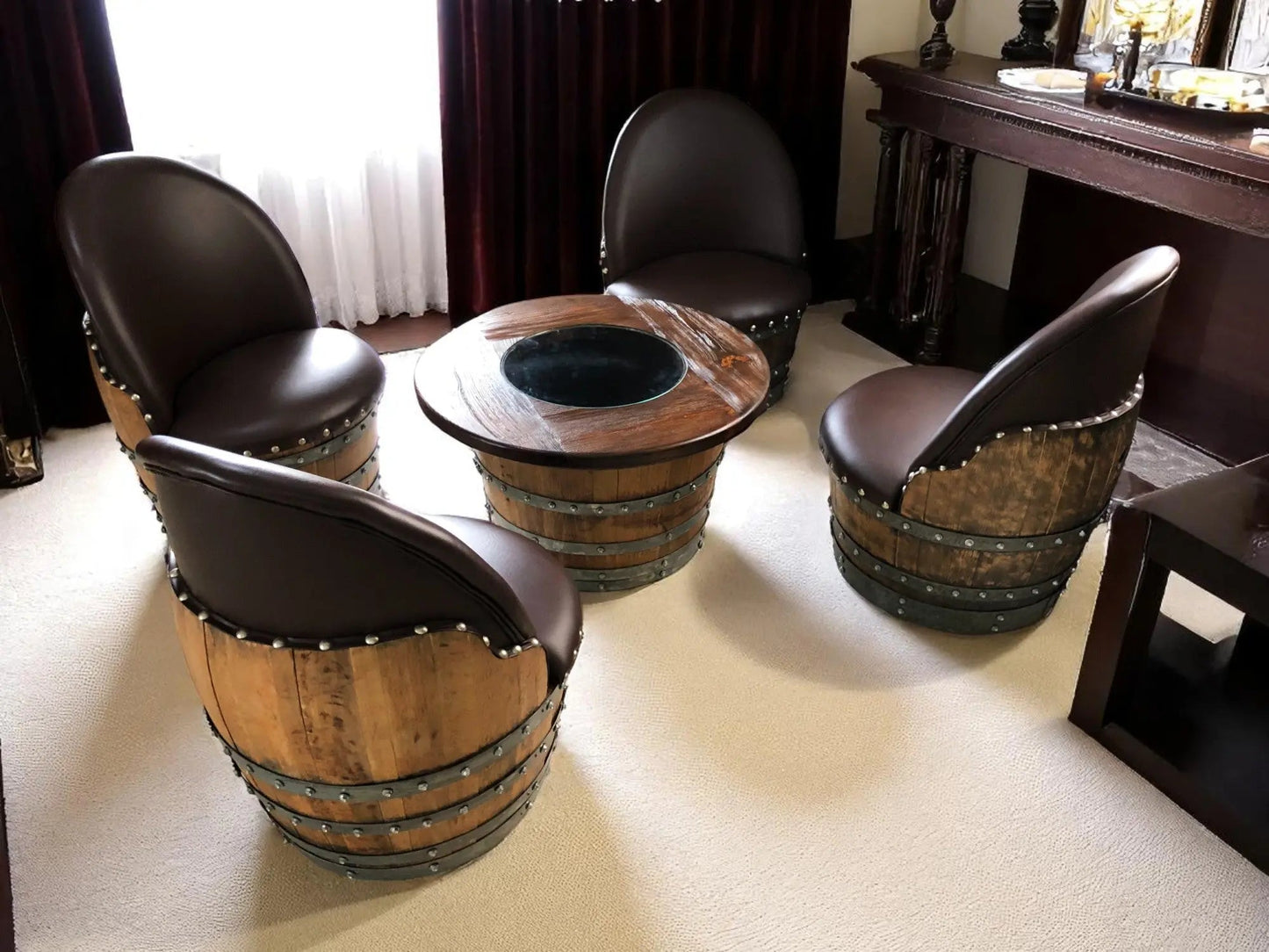 Wine Barrel Full Round Coffee Table Set with 4 Chairs – Rustic Whiskey Barrel Furniture Set – Handmade Solid Oak