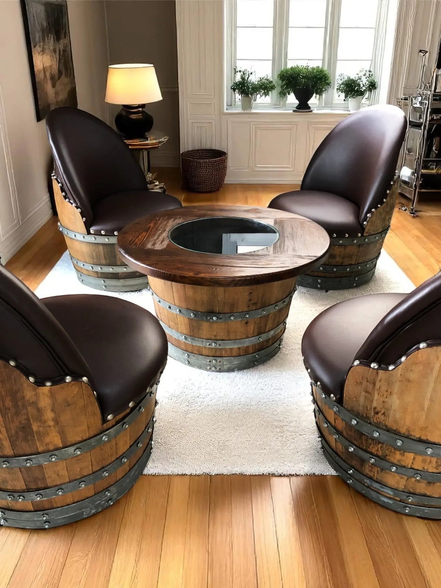 Wine Barrel Full Round Coffee Table Set with 4 Chairs – Rustic Whiskey Barrel Furniture Set – Handmade Solid Oak