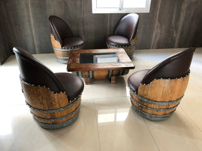 Wine Barrel Coffee Table Set with 4 Chairs – Rustic Whiskey Barrel Furniture Set – Handmade Solid Oak