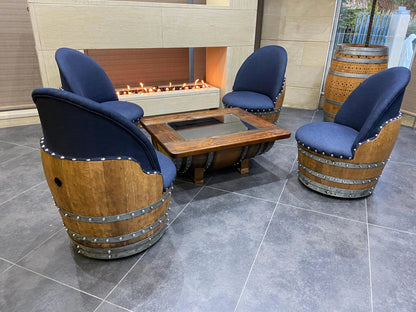 Wine Barrel Coffee Table Set with 4 Chairs – Rustic Whiskey Barrel Furniture Set – Handmade Solid Oak