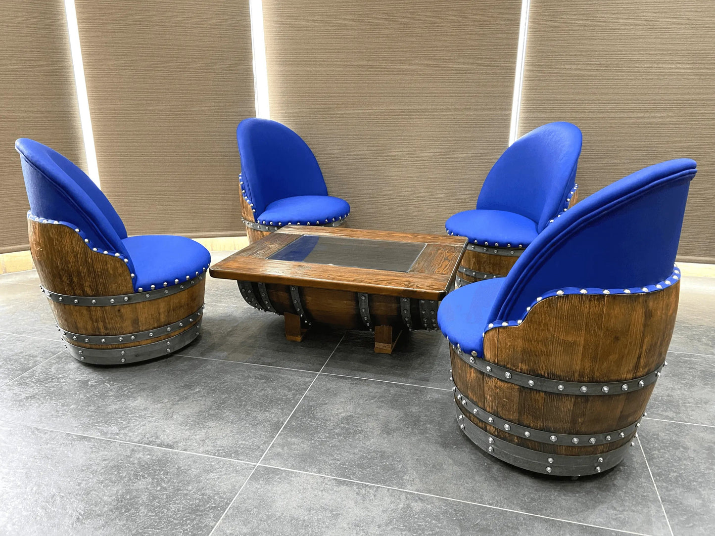 Wine Barrel Coffee Table Set with 4 Chairs – Rustic Whiskey Barrel Furniture Set – Handmade Solid Oak
