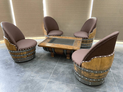 Wine Barrel Coffee Table Set with 4 Chairs – Rustic Whiskey Barrel Furniture Set – Handmade Solid Oak