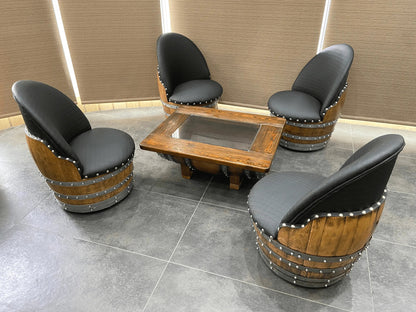 Wine Barrel Coffee Table Set with 4 Chairs – Rustic Whiskey Barrel Furniture Set – Handmade Solid Oak