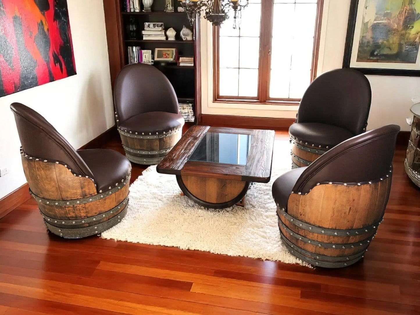 Wine Barrel Coffee Table Set with 4 Chairs – Rustic Whiskey Barrel Furniture Set – Handmade Solid Oak