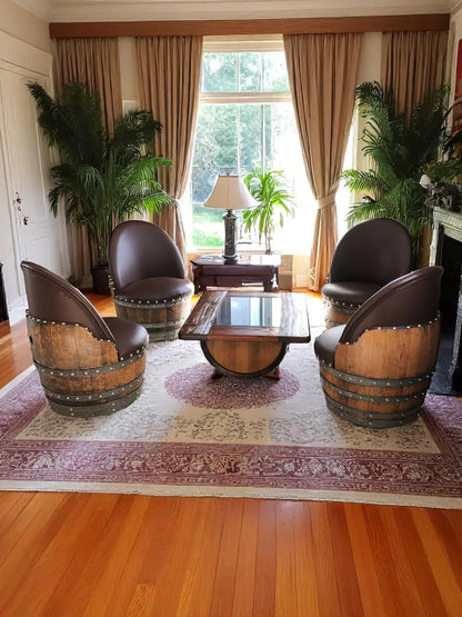 Wine Barrel Coffee Table Set with 4 Chairs – Rustic Whiskey Barrel Furniture Set – Handmade Solid Oak