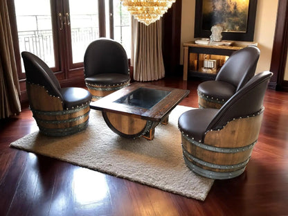 Wine Barrel Coffee Table Set with 4 Chairs – Rustic Whiskey Barrel Furniture Set – Handmade Solid Oak
