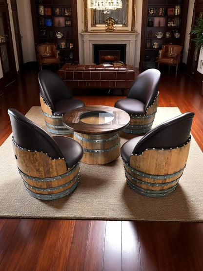 Wine Barrel Full Round Coffee Table Set with 4 Chairs – Rustic Whiskey Barrel Furniture Set – Handmade Solid Oak