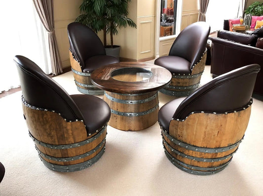 Wine Barrel Full Round Coffee Table Set with 4 Chairs – Rustic Whiskey Barrel Furniture Set – Handmade Solid Oak