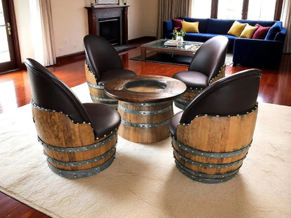 Wine Barrel Full Round Coffee Table Set with 4 Chairs – Rustic Whiskey Barrel Furniture Set – Handmade Solid Oak